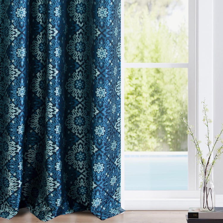 DECO WINDOW Stock Fabric Jayanita Blue Printed Semi-Blackout Door Curtains with Hanging Rod Eyelets - 37x30cm - Set of 2