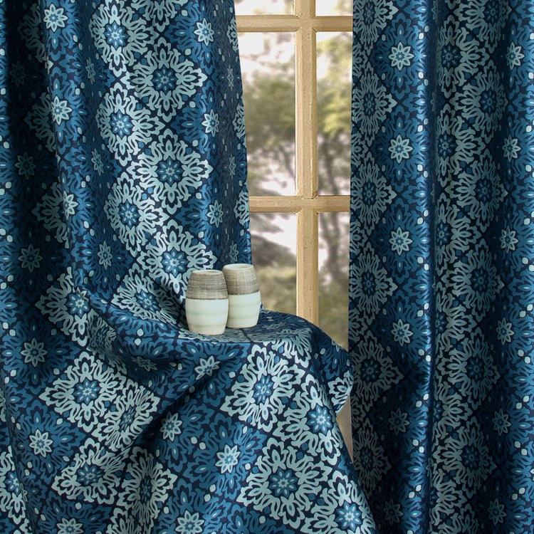 DECO WINDOW Stock Fabric Jayanita Blue Printed Semi-Blackout Door Curtains with Hanging Rod Eyelets - 37x30cm - Set of 2