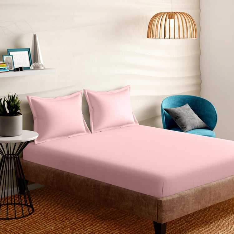 PORTICO Shades Pink Cotton King Fitted Bedsheet Set - 182x198cm - 3Pcs