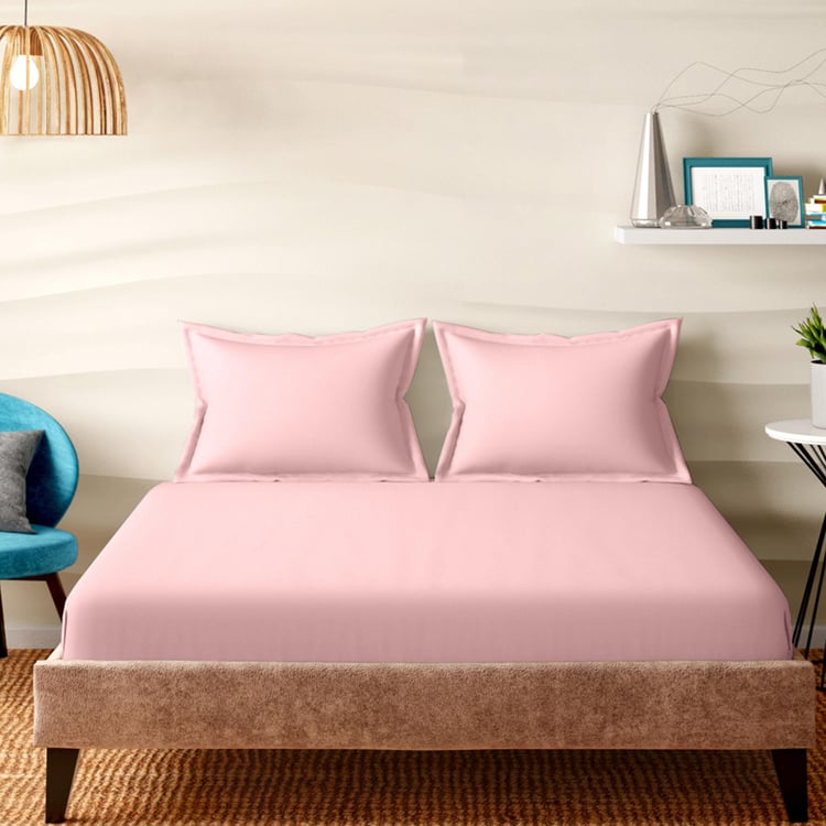 PORTICO Shades Pink Cotton King Fitted Bedsheet Set - 182x198cm - 3Pcs