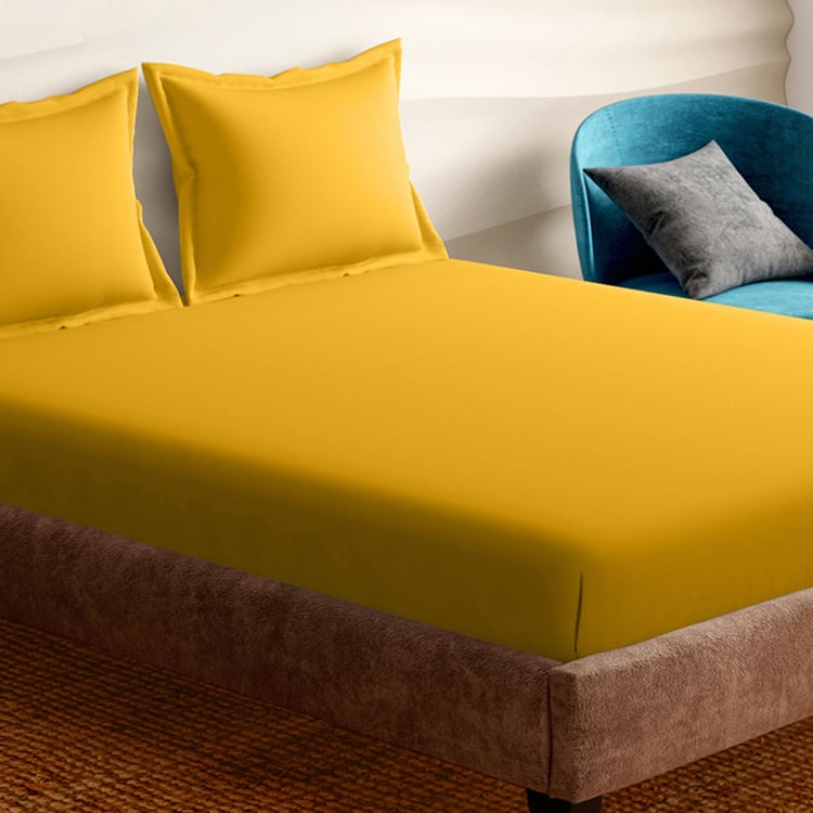 PORTICO Shades Yellow Cotton King Fitted Bedsheet Set - 182x198cm - 3Pcs