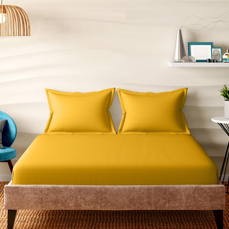 PORTICO Shades Yellow Cotton King Fitted Bedsheet Set - 182x198cm - 3Pcs