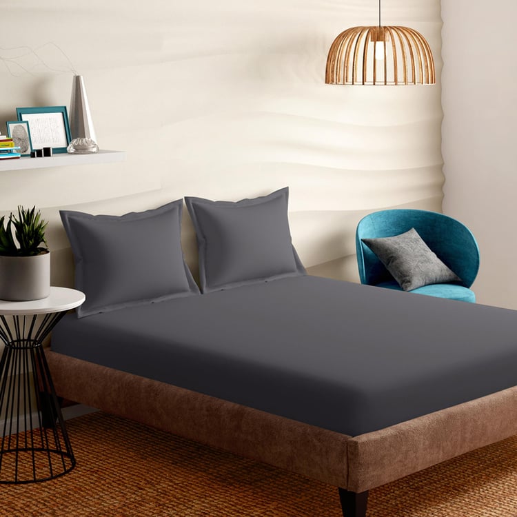 PORTICO Shades Grey Cotton King Fitted Bedsheet Set - 182x198cm - 3Pcs