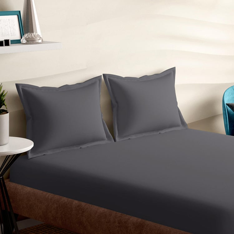 PORTICO Shades Grey Cotton King Fitted Bedsheet Set - 182x198cm - 3Pcs