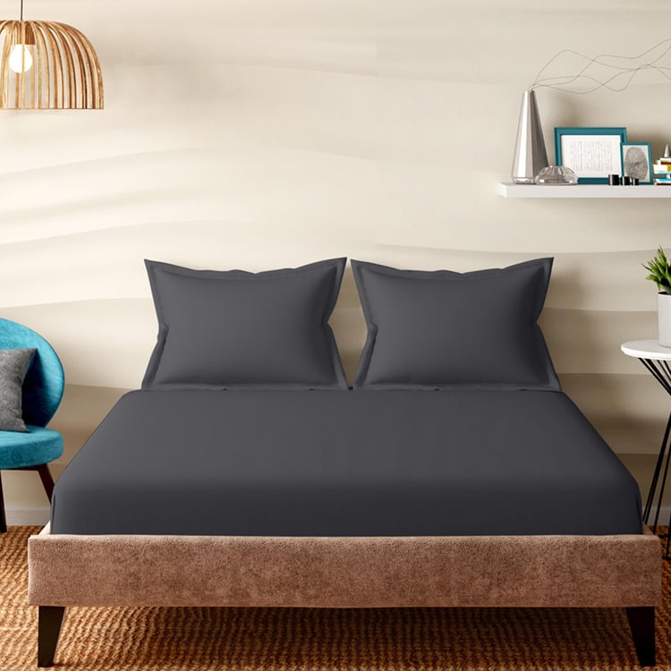 PORTICO Shades Grey Cotton King Fitted Bedsheet Set - 182x198cm - 3Pcs