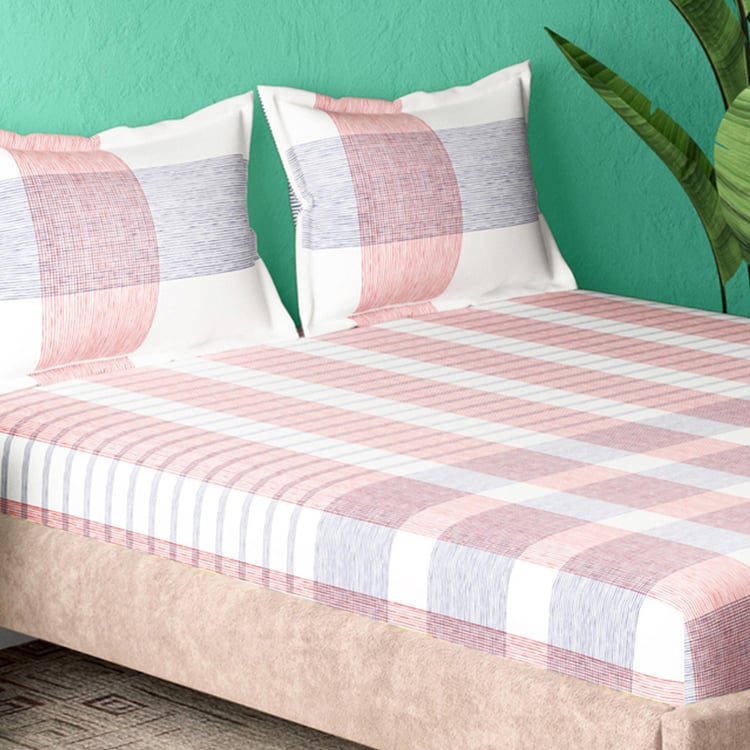 PORTICO Cadence Pink Checked Cotton Super King Bedsheet Set - 274x274cm - 3Pcs