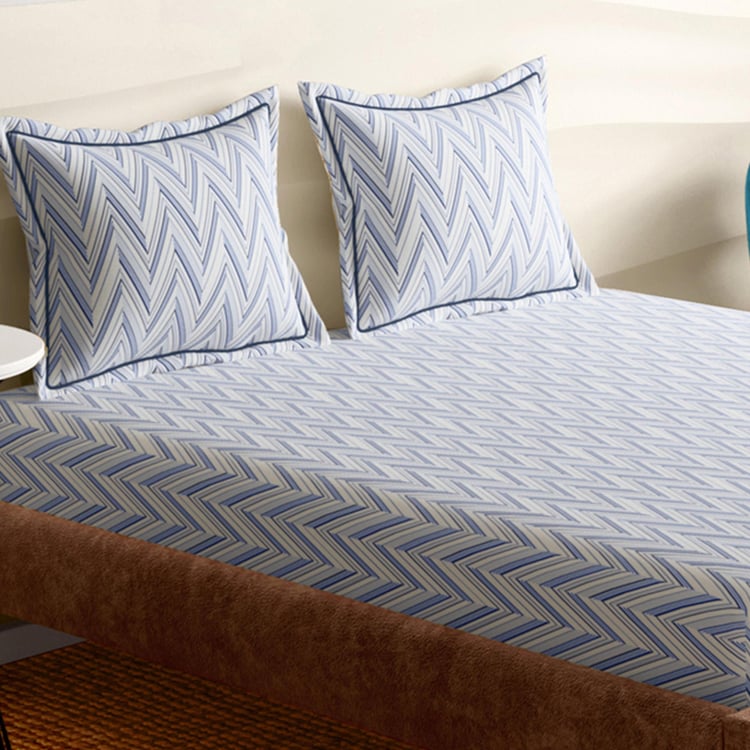 PORTICO Melange Blue Printed Cotton Super King Bedsheet Set - 274x274cm - 3Pcs