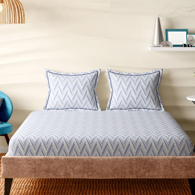 PORTICO Melange Blue Printed Cotton Super King Bedsheet Set - 274x274cm - 3Pcs