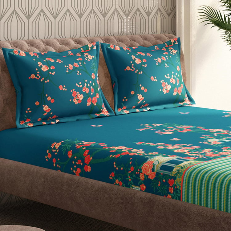 PORTICO Neeta Lulla Vrindavan Symphony Blue Printed Cotton Super King Bedsheet Set - 274x274cm - 3Pcs