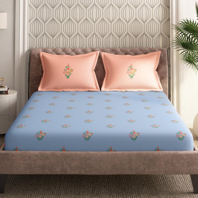 PORTICO Neeta Lulla Vrindavan Symphony Blue Printed Cotton Super King Bedsheet Set - 274x274cm - 3 Pcs