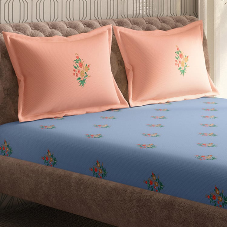 PORTICO Neeta Lulla Vrindavan Symphony Blue Printed Cotton Super King Bedsheet Set - 274x274cm - 3 Pcs