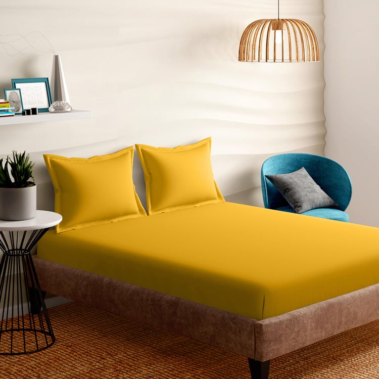 PORTICO Shades Yellow Cotton Queen Bedsheet Set - 224x254cm - 3Pcs