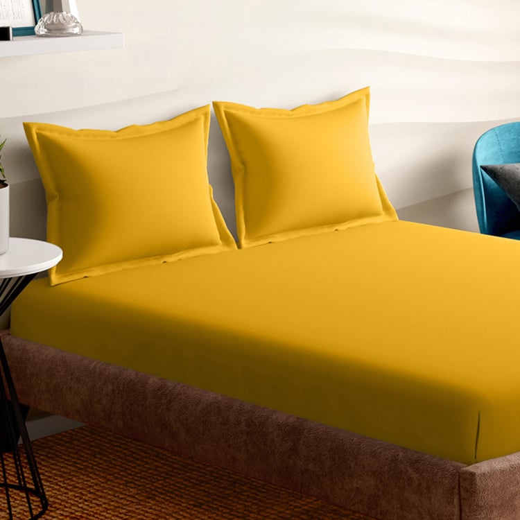 PORTICO Shades Yellow Cotton Super King Bedsheet Set - 274x274cm - 3Pcs