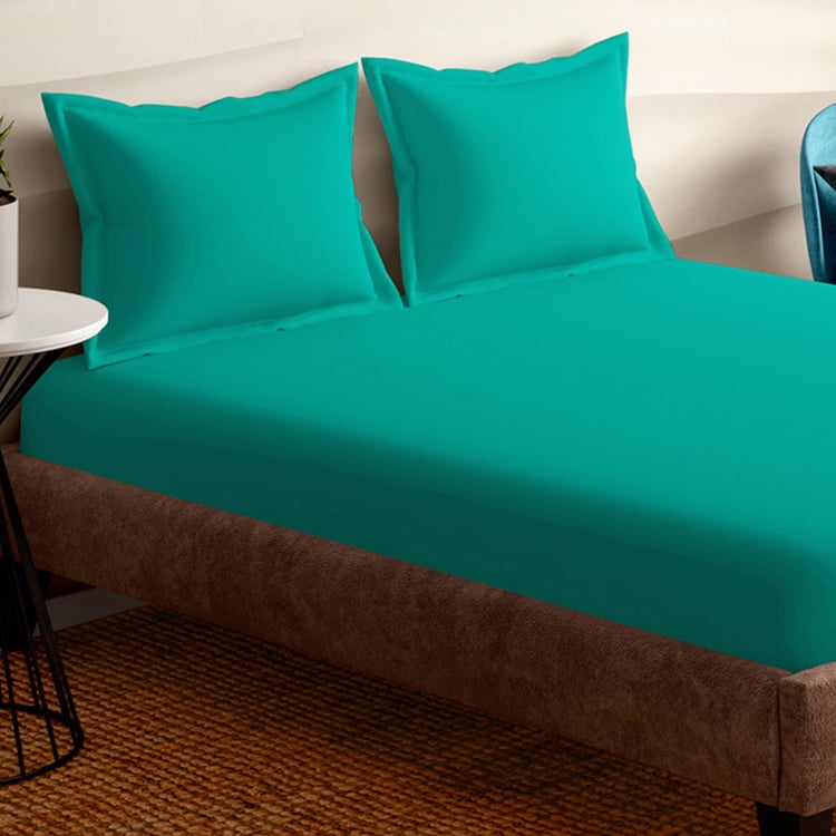 PORTICO Shades Teal Cotton Super King Bedsheet Set - 274x274cm - 3Pcs