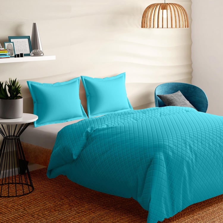 PORTICO Shades Blue Textured Cotton Double Bed Cover - 220x240cm