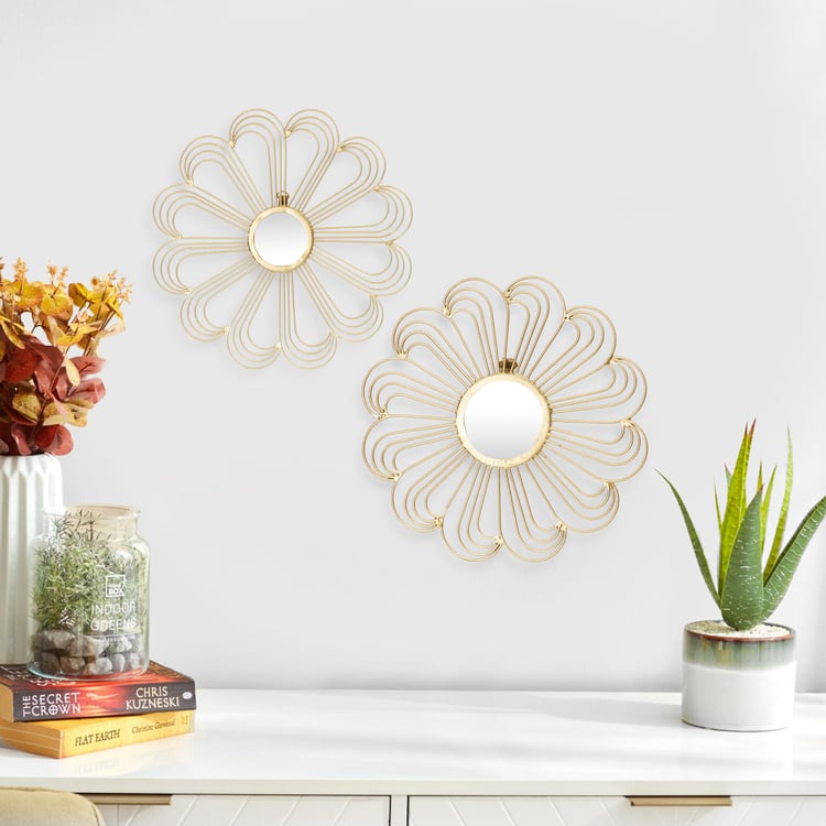 Steffi Gold Textured Floral Metal Wall Art with Mirror - Set of 2