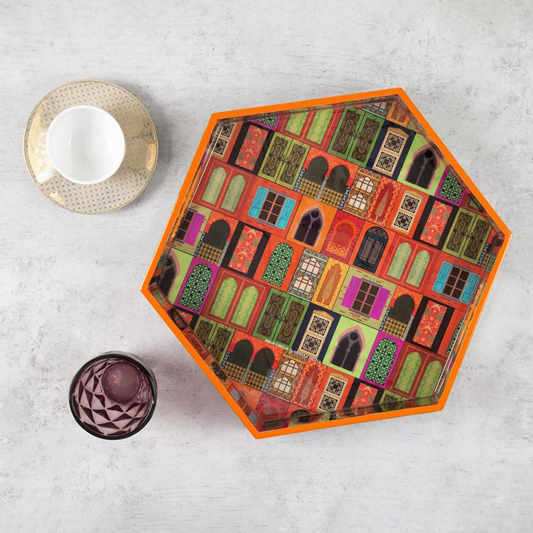 INDIA CIRCUS Mughal Dooirsa Reiteration Multicolour Printed Hexagon Wooden Serving Tray - 32x37cm