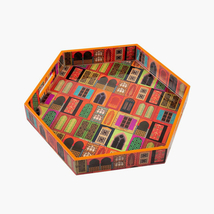 INDIA CIRCUS Mughal Dooirsa Reiteration Multicolour Printed Hexagon Wooden Serving Tray - 32x37cm