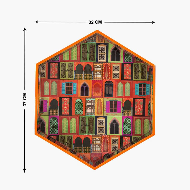 INDIA CIRCUS Mughal Dooirsa Reiteration Multicolour Printed Hexagon Wooden Serving Tray - 32x37cm