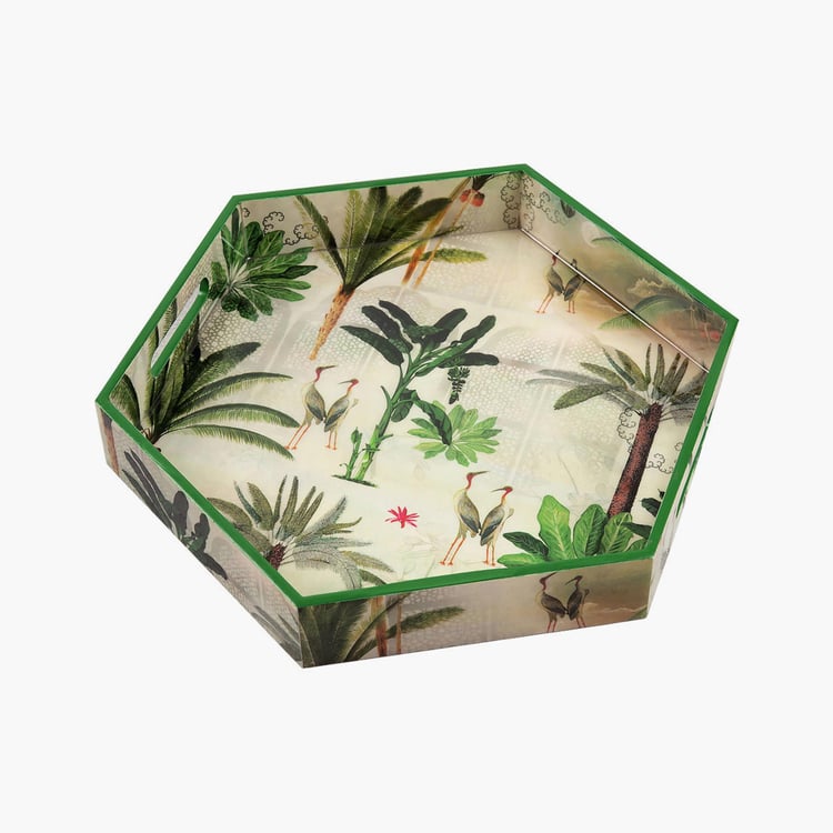 INDIA CIRCUS Herons Garden Printed Hexagon Wooden Serving Tray - 32x37cm