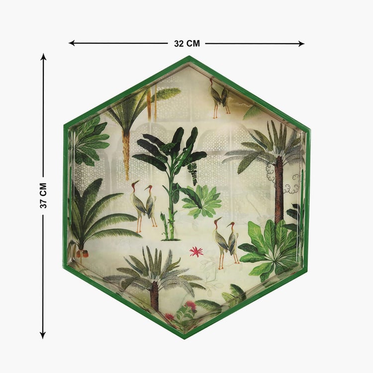 INDIA CIRCUS Herons Garden Printed Hexagon Wooden Serving Tray - 32x37cm