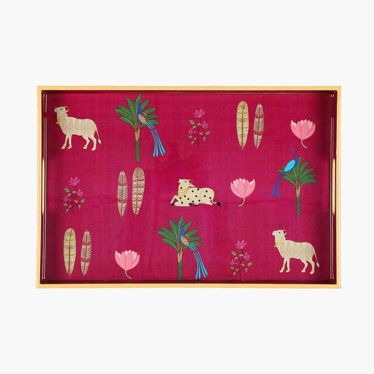 INDIA CIRCUS Magenta Biome Red Printed Wooden Serving Tray - 46x31cm