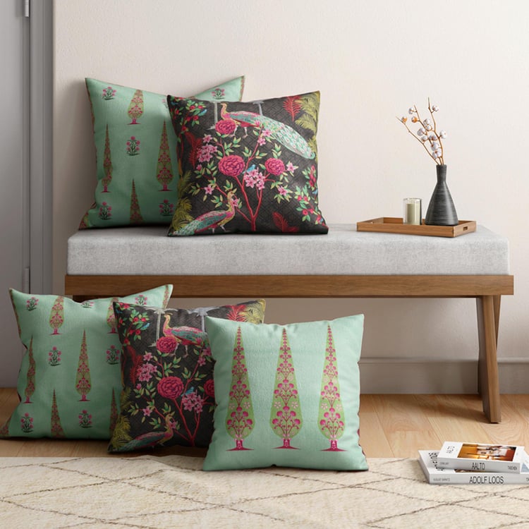 INDIA CIRCUS Peacock And Conifer Multicolour Printed Blended Velvet Cushion - 30x30cm - 5Pcs