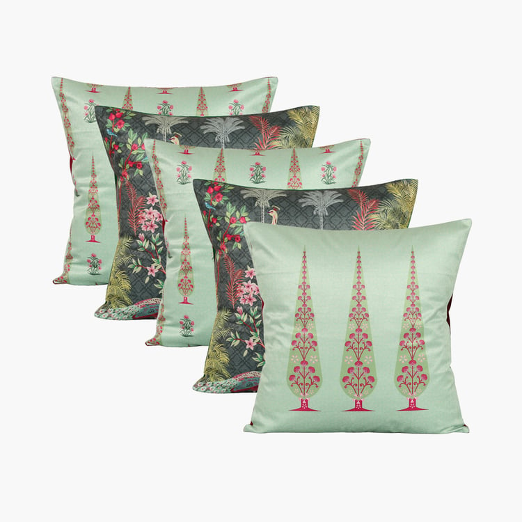 INDIA CIRCUS Peacock And Conifer Multicolour Printed Blended Velvet Cushion - 30x30cm - 5Pcs