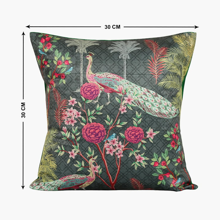 INDIA CIRCUS Peacock And Conifer Multicolour Printed Blended Velvet Cushion - 30x30cm - 5Pcs