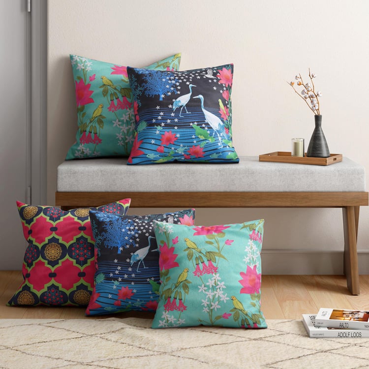 INDIA CIRCUS Circus Blooms And Swans Multicolour Printed Blended Velvet Cushion - 30x30cm - 5Pcs