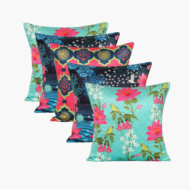 INDIA CIRCUS Circus Blooms And Swans Multicolour Printed Blended Velvet Cushion - 30x30cm - 5Pcs