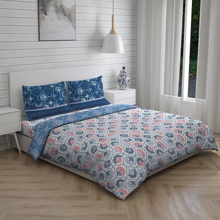 LAYERS Siena Blue Printed Cotton King-Size Bed-in-Bag Set - 4Pcs