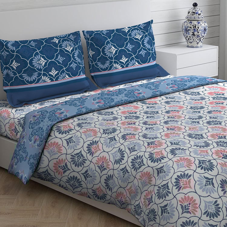 LAYERS Siena Blue Printed Cotton King-Size Bed-in-Bag Set - 4Pcs