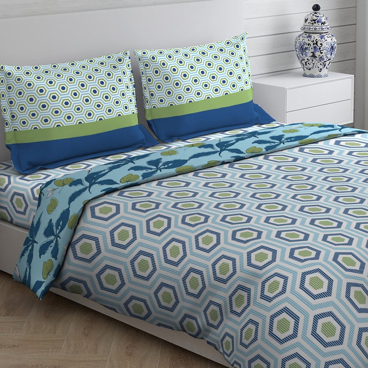 LAYERS Siena Blue Printed Cotton Queen Bed-In-A-Bag Set - 4Pcs