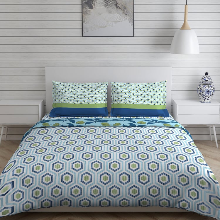 LAYERS Siena Blue Printed Cotton Queen Bed-In-A-Bag Set - 4Pcs