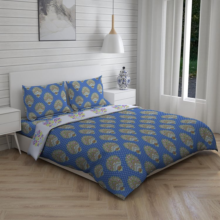 LAYERS Marsala Blue Printed Cotton Super King Size Bed-In-A-Bag Set - 4Pcs
