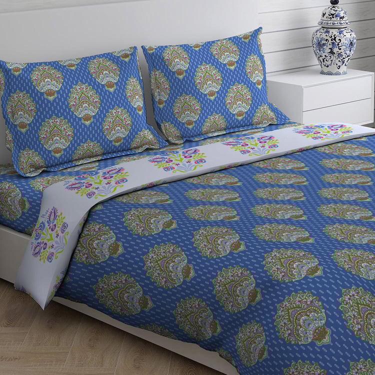 LAYERS Marsala Blue Printed Cotton Super King Size Bed-In-A-Bag Set - 4Pcs