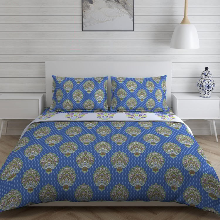 LAYERS Marsala Blue Printed Cotton Super King Size Bed-In-A-Bag Set - 4Pcs