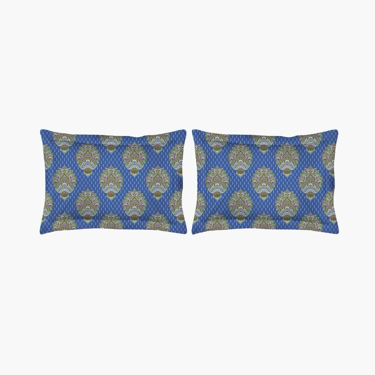 LAYERS Marsala Blue Printed Cotton Super King Size Bed-In-A-Bag Set - 4Pcs