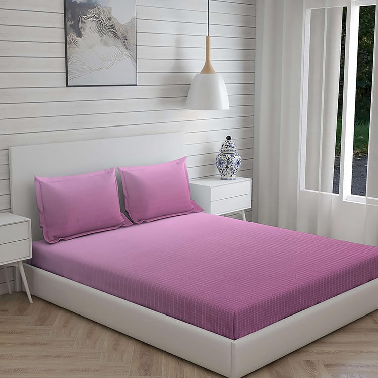 LAYERS California Purple Checked Cotton Super King Bedsheet Set - 274x274cm - 3Pcs