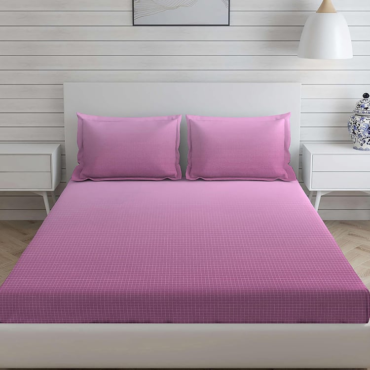 LAYERS California Purple Checked Cotton Super King Bedsheet Set - 274x274cm - 3Pcs