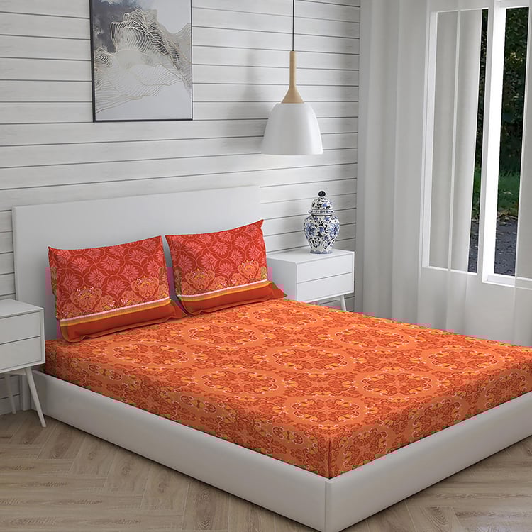 LAYERS Colorado Orange Cotton Queen Size Bedsheet Set - 224x254cm - 3Pcs