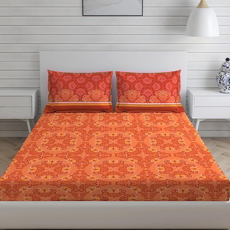 LAYERS Colorado Orange Cotton Queen Size Bedsheet Set - 224x254cm - 3Pcs