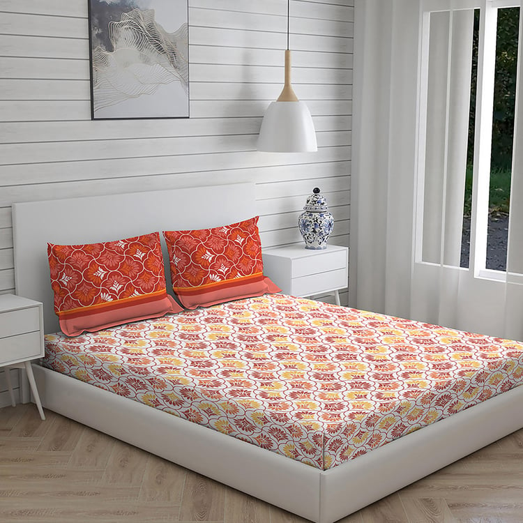 LAYERS Colarado Orange Printed Cotton Queen Bedsheet Set - 224x254cm - 3Pcs