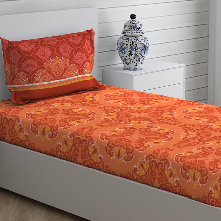 LAYERS Siena Orange Printed Cotton Single Bedsheet Set - 152x228cm - 2Pcs