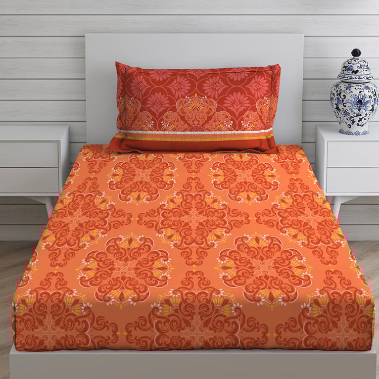 LAYERS Siena Orange Printed Cotton Single Bedsheet Set - 152x228cm - 2Pcs