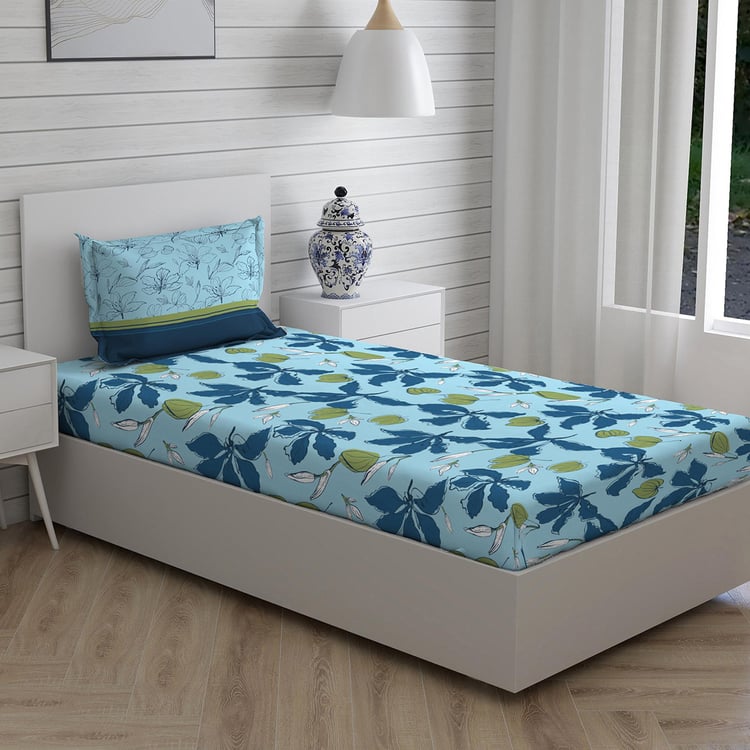 LAYERS Siena Blue Printed Cotton Single Bedsheet Set - 152x228cm - 2Pcs