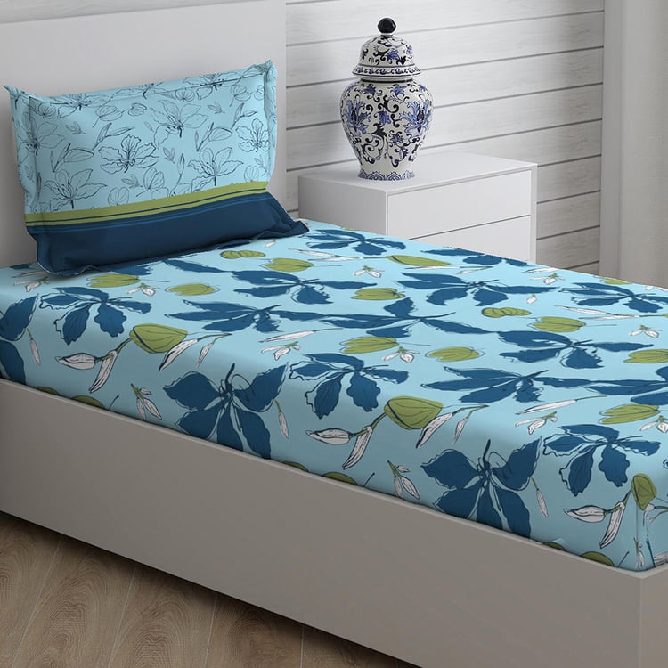 LAYERS Siena Blue Printed Cotton Single Bedsheet Set - 152x228cm - 2Pcs