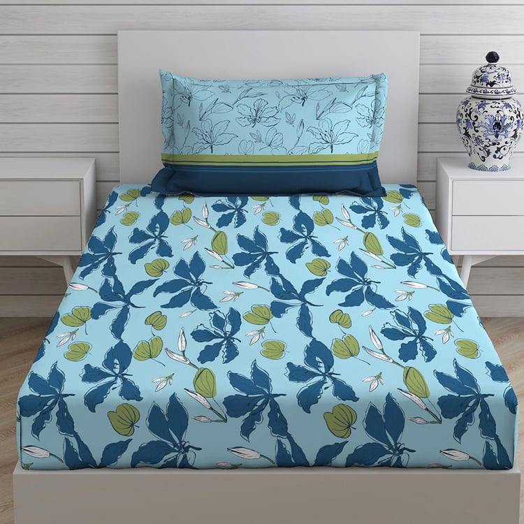 LAYERS Siena Blue Printed Cotton Single Bedsheet Set - 152x228cm - 2Pcs