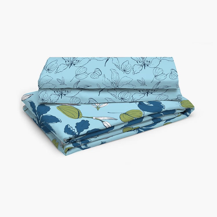 LAYERS Siena Blue Printed Cotton Single Bedsheet Set - 152x228cm - 2Pcs